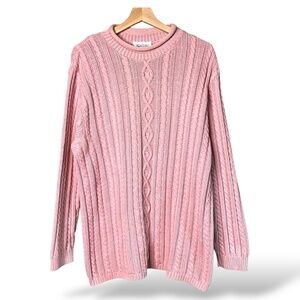TALBOTS 100% Cotton Pink Cable Knit Sweater Rolled Mock Neck MADE IN USA Sz L